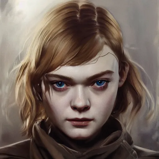 Image similar to ultra realistic portrait painting of elle fanning in metal gear solid and death stranding, art by frank frazetta, 4 k, ultra realistic, highly detailed, epic lighting