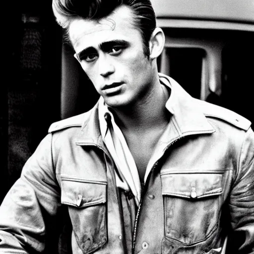 Image similar to genetic mixture of james dean and sean connery. rockabilly, rebel, beatnik, tough guy, pompadour, leather jacket.