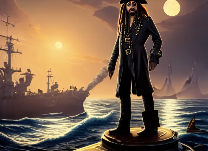 Image similar to highly detailed portrait of Elon Musk as a dread pirate captain, proudly posing at the helm of his frigate wearing a pirate hat, full body, sinking smoking ship in the background at sunset, artstation, cinematic lighting, hyperdetailed, cgsociety, 8k, high resolution, insanely detailed and intricate, concept art, smooth, sharp focus, illustration, art by John Collier and Albert Aublet and Krenz Cushart and Artem Demura and Alphonse Mucha