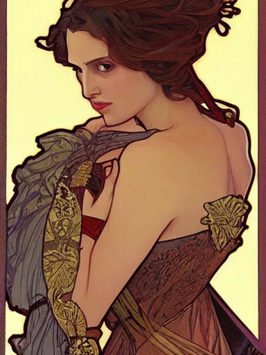 Image similar to a beautiful painting of natalie portman by Alphonse Mucha and by joe quesada, Art Nouveau, Neo-Gothic, gothic, award winning painting, hyperdetailed, detailed