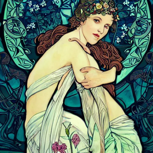 Prompt: epic portrait of the most beautiful women holding each other, surrounded by soft florals, concept art, art nouveau style, tarot card, high detail, realistic anatomy, beautiful