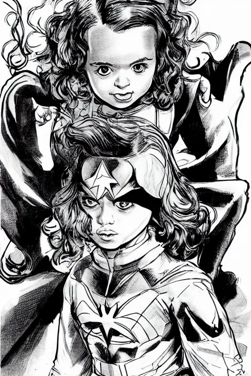 Prompt: a little girl with a mischievous face and light brown curly wavy hair. she is dressed as captain america, spider - man, batman, captain marvel, a superhero. clean elegant painting, beautiful detailed face. by steve ditko and jack kirby and greg rutkowski