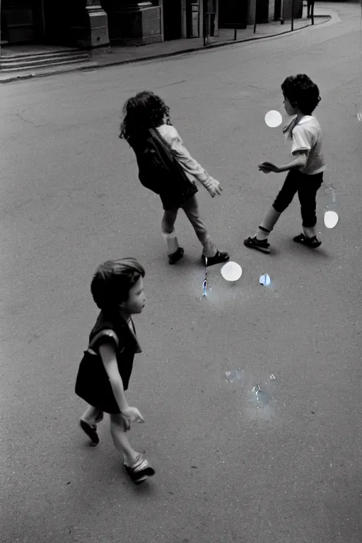 Prompt: street, 2 tomboys blow gum bubbles, 1 9 8 0 s film photography, exposed b & w photography, christopher morris photography, bruce davidson photography, peter marlow photography