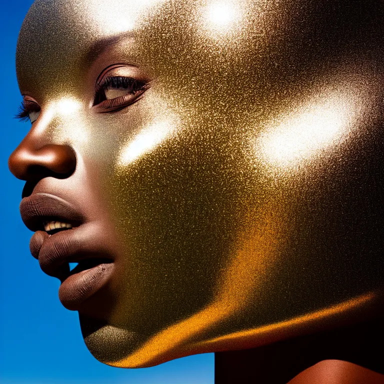 Image similar to portrait of metallic face, african woman, mercury, reflections, smooth liquid metal texture, proud looking, outdoor, nature, blue sky, 8 k, realistic, depth of field, highly detailed, art photography