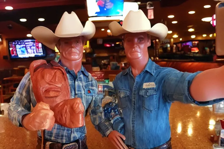 Image similar to taking a selfie with a plastic cowboy at an applebee's, cell phone photo