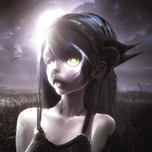 Prompt: full shot portrait of cute angry darkness anime girl at moonlight, gothic wearing, inspired by Tim Burton, WLOP, Marc Simonetti, Amano, Andrei Riabovitchev, detailed, unreal engine 4k volumetric light, fog,
