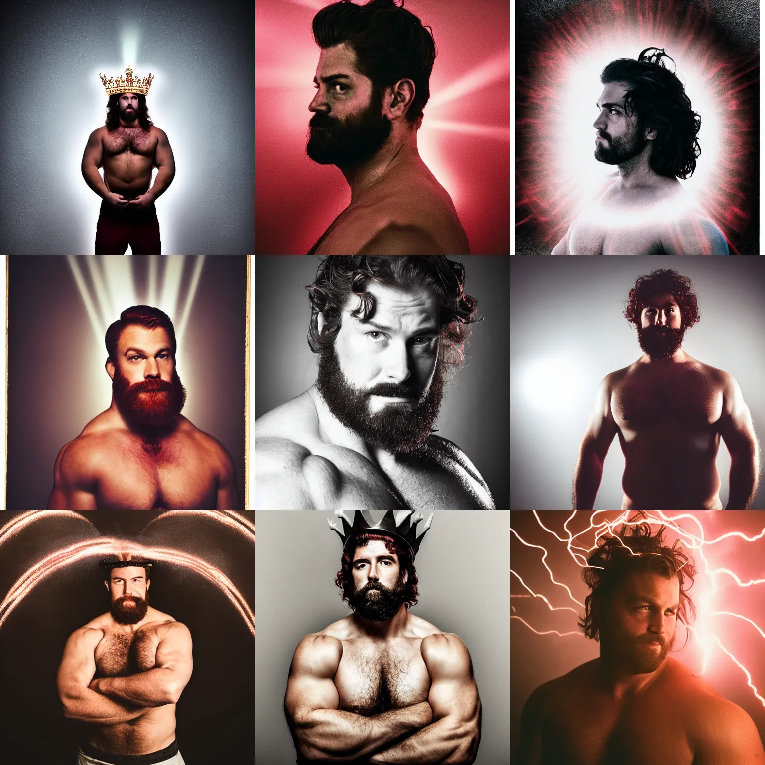 Prompt: portrait of a burly muscular man with dark - red wavy hair man with a crown, photography, epic, light beams