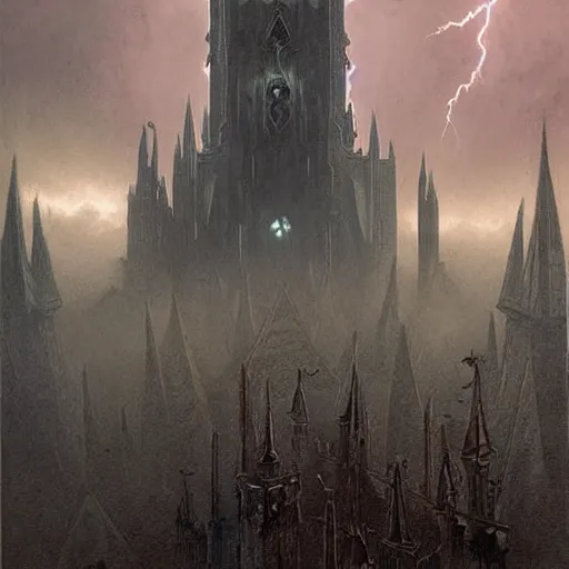 Image similar to an ultra detailed tarot card of a lonely and impossibly tall ominous gothic dark citadel tower of the evil patriarch, in the style of magic the gathering, in a river elevated high above the city, fantasy capital city, ultrawide lense, aerial photography, scary thunderstorm,, volumetric lighting, exquisite detail, 8 k, art by greg rutkowski and alphonse mucha