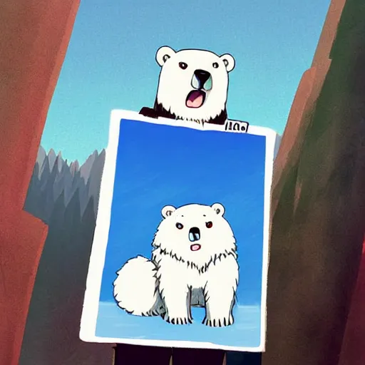 Image similar to cute anime polar bear holding a sign, studio ghibli, digital art, high quality, beautiful illustration, anime