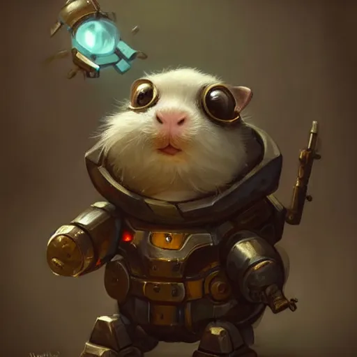 Image similar to cute little anthropomorphic Guinea Pig using mech armor, ultra wide lens shot , tiny, small, short, cute and adorable, pretty, beautiful, DnD character art portrait, matte fantasy painting, DeviantArt Artstation, by Jason Felix by Steve Argyle by Tyler Jacobson by Peter Mohrbacher, cinematic lighting