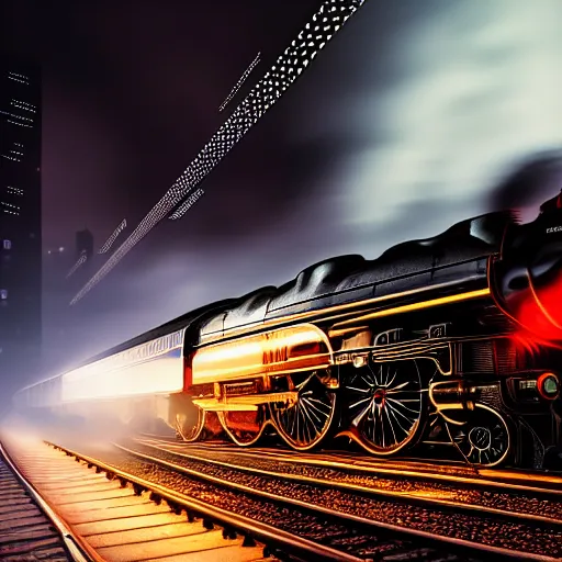 Image similar to A hyperdetailed photograph of the Flying Scotsman thundering on the rails of a cyberpunk, futuristic city, night, dense fog, rain, HD, 8K resolution