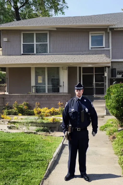 Image similar to a 5 0's police officer in front of the house, residential neighborhood