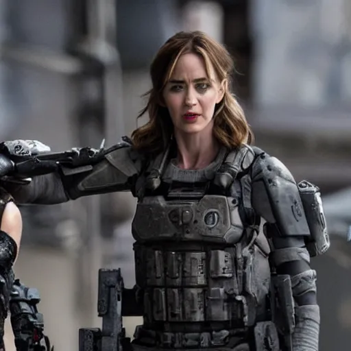 Image similar to emily blunt holding tom cruise's head, edge of tomorrow