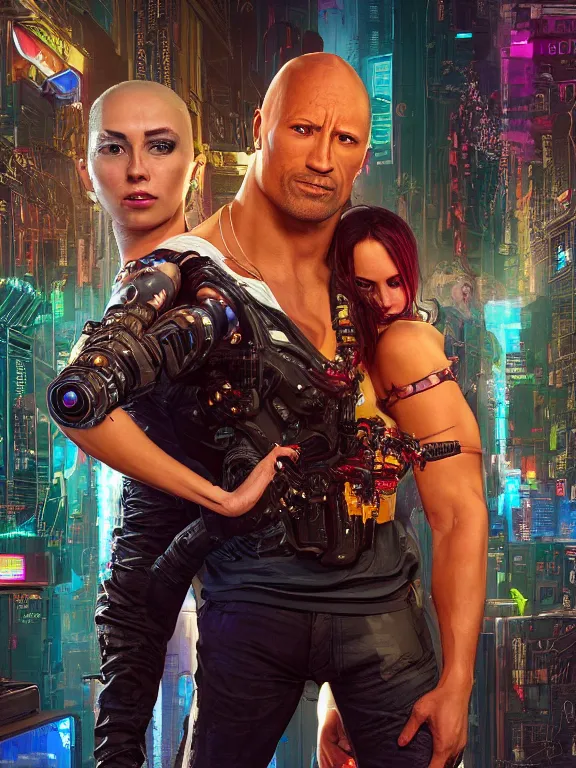 Image similar to a cyberpunk 2077 portrait of Dwayne Johnson holding a female android dancer with tango pose,complex mess of cables and wires behind them connected to giant computer, love moive,film lighting, by laurie greasley,Lawrence Alma-Tadema,William Morris,Dan Mumford, trending on atrstation, full of color,face enhance, highly detailed,8K, octane,golden ratio,cinematic lighting