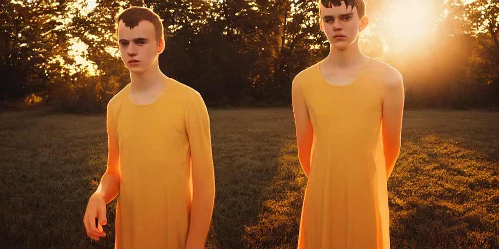 Image similar to handsome young man wearing a dress terror love pain joy fear moody lighting golden hour highly detailed sharp zeiss lens 1. 8 high contrast wolfgang tillmans ryan mcginley david armstrong