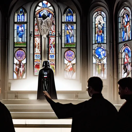 Image similar to Darth Vader getting baptized. Catholic Cathedral background. Family and Friends watching. studio lighting, epic, 8k