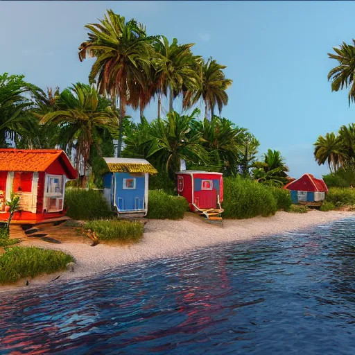 Image similar to utopian beach with small houses, women, naturist, boats, realistic, unreal engine, artstation, octane render.