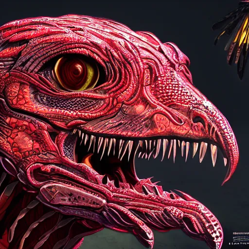 Image similar to 8k ultra realistic Illustration of a complete raptor with shining red eyes, detailed intricate ornate armour, decaing, cybernetic body, full of colour, cinematic lighting, battered, trending on artstation, 4k, hyperrealistic, focused, extreme details, unreal engine 5, cinematic, masterpiece