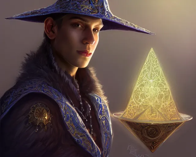 Image similar to a mind - blowing portrait of a young shadow mage male, wearing a vest with diamond pattern, wearing a wizard hat, joyful, d & d, fantasy, intricate, elegant, highly detailed, digital painting, artstation, concept art, matte, sharp, illustration, hearthstone, art by artgerm and greg rutkowski and alphonse mucha