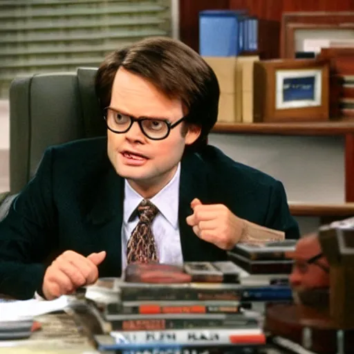 Prompt: dwight schrute pretending to be larry king