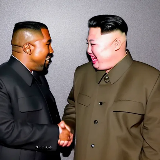 Image similar to picture of kanye west meeting kim jong un, both laughing