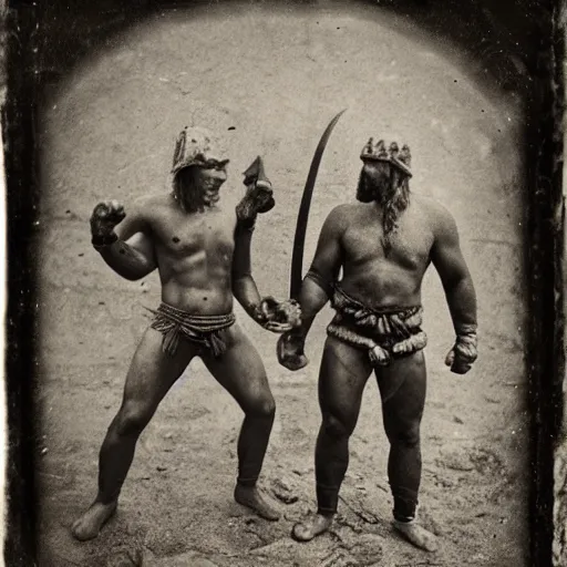 Image similar to spartan man and viking fistfighting, brutal, daguerreotype photograph