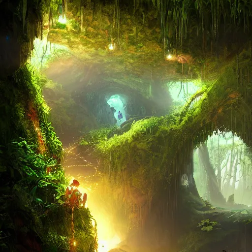 Image similar to looking into lush cave entrance with glowing emeralds and vines hanging from the ceiling, mythical ambience, sharp focus, cinematic light, cgsociety, highly detailed