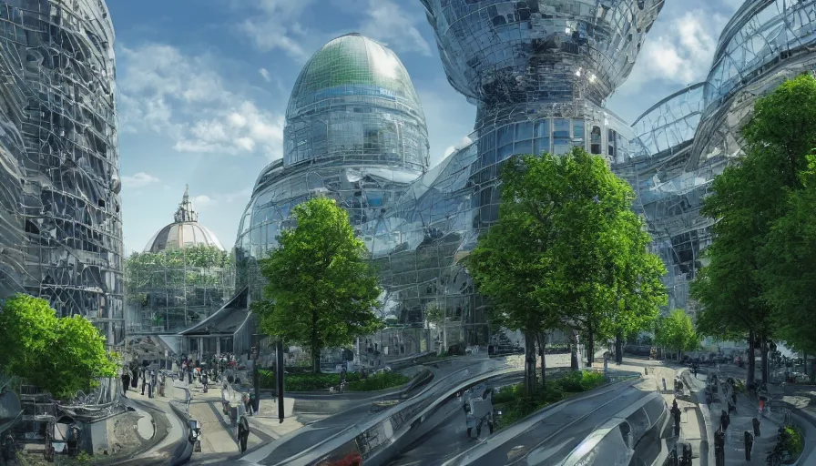 Prompt: futuristic berlin with glass buildings, white glass domes, reichstag building, green alley with trees, highways, crowded city, hyperdetailed, artstation, cgsociety, 8 k