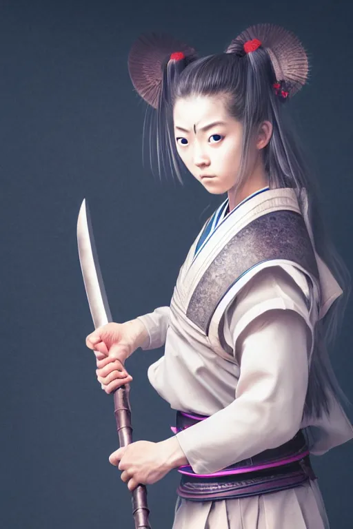 Image similar to highly detailed beautiful photo of a young female samurai, practising sword stances, symmetrical face, beautiful eyes, realistic anime art style, 8 k, award winning photo, pastels, action photography, 1 / 1 2 5 shutter speed, dramatic lighting