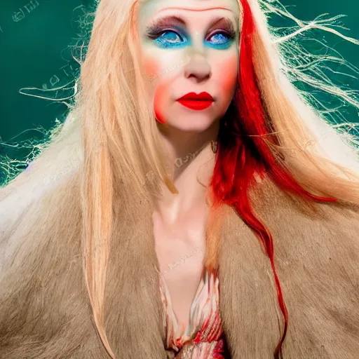 Image similar to a beautiful english woman with a long face narrow nose blue eyes red lips and wild light blonde hair, high resolution film still, sandy, a journey to the west