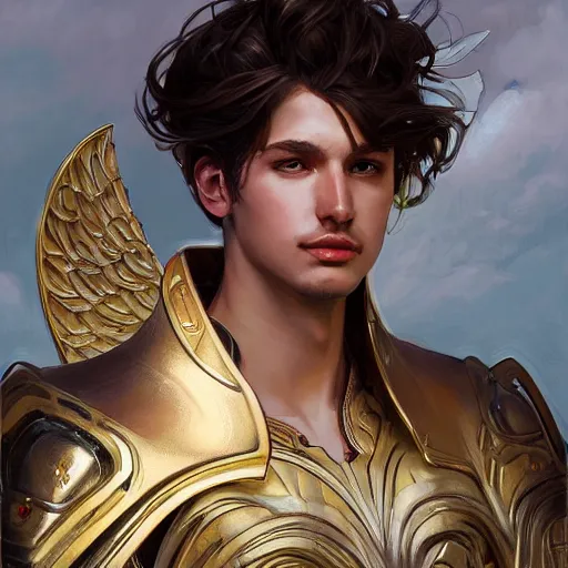 Prompt: Three quarters portrait of a male angelic paladin, highly detailed, digital painting, art by Stanley Lau and Artgerm and Greg Rutkowski and Alphonse Mucha, artstation, octane render, cgsociety