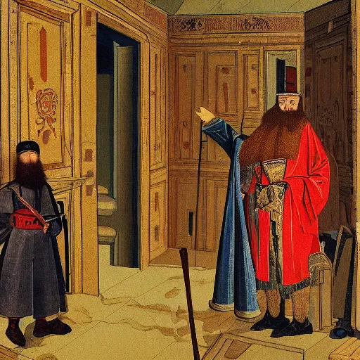 Image similar to Ivan the Terrible in his palace in Moscow is sneaking up on his son with an intention to kill him, wide angle, high detail, cyberpunk, width 768