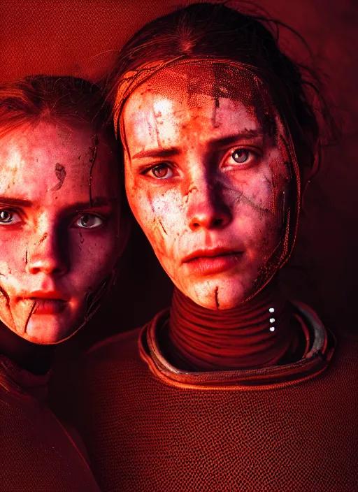 Image similar to cinestill 5 0 d photographic portrait by steve mccurry of two loving female androids wearing rugged black mesh techwear on a desolate plain with a red sky, extreme closeup, dust storm, 8 k, hd, high resolution, 3 5 mm, f / 3 2, ultra realistic faces, cyberpunk 2 0 7 7, ex machina