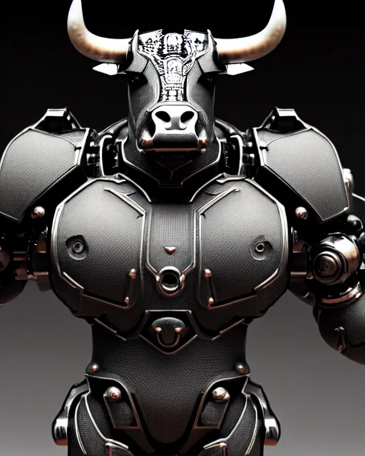 Image similar to a full body shot of an imposing cyborg bull modeled after a bull looking into the camera, contrast lighting, black skin!!!, intricate pattern, hard rubber chest, highly detailed, android, cyborg, full body shot, intricate, 3 d, symmetrical, octane render, fantasy, highly detailed, digital art, artstation, strong bokeh, black face