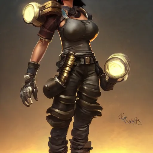 Prompt: Full body portrait of a scrappy female gnome mechanic with pixie undercut hair and one prosthetic metal gauntlet arm standing on a ship deck. In style of Greg Rutkowski and Yoji Shinkawa and Hyung-tae Kim, trending on ArtStation, dark fantasy, great composition, concept art, highly detailed