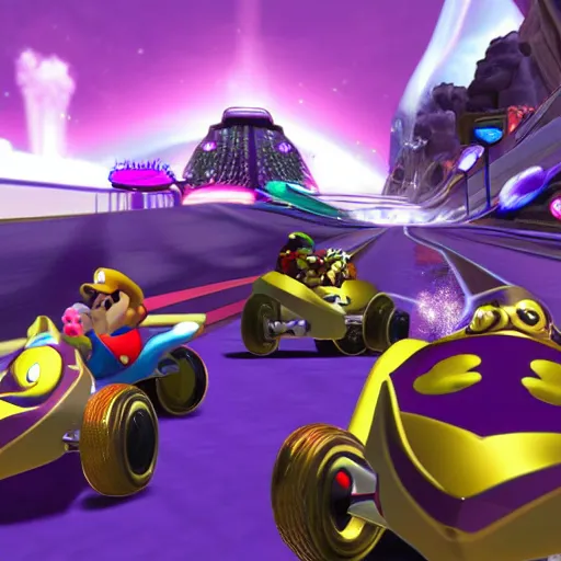 Image similar to Thanos in Mario Kart game, screenshot, realistic,