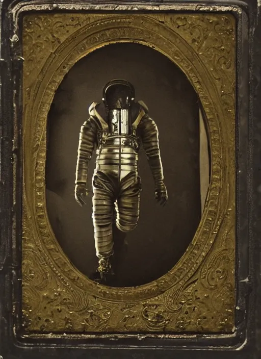 Image similar to old wetplate daguerreotype portrait of a futuristic space astronaut cyborg striking a model pose, fractal, intricate, elegant, highly detailed, parallax, leica, medium format, subsurface scattering, by jheronimus bosch and greg rutkowski and louis jacques mande daguerre