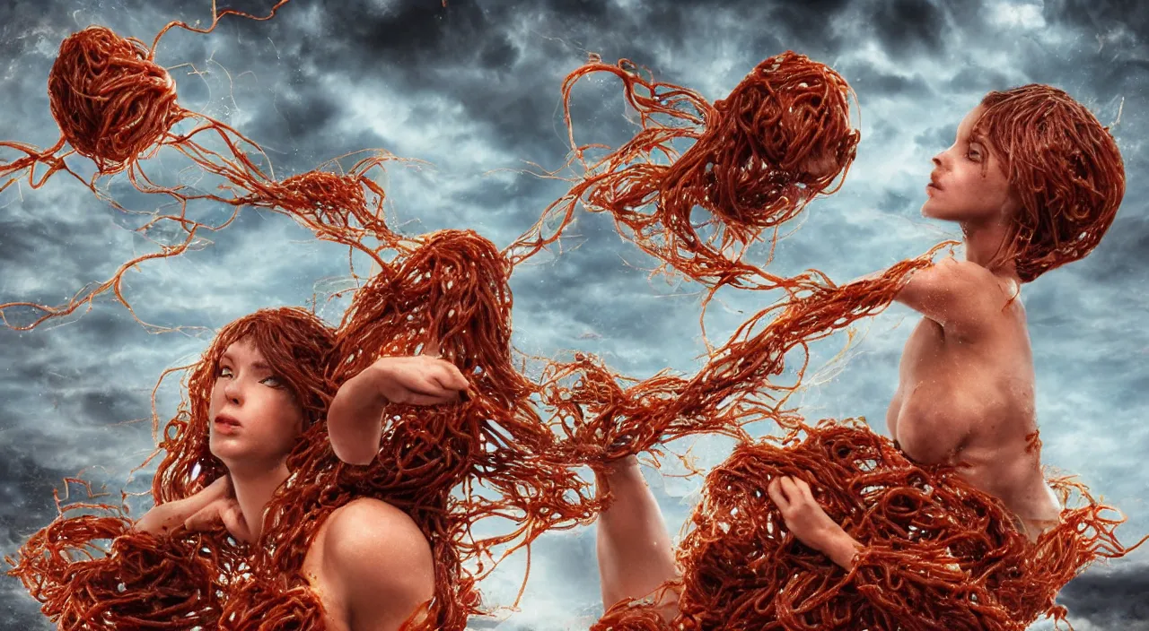 Prompt: 3 0 perfect woman bodies flying inside spaghetti bolognesa with meatballs and hundred rusted perfect woman bodies flying in stormy clouds by, fantasy art, photo realistic, dynamic lighting, artstation, poster, volumetric lighting, very detailed faces, 4 k, award winning, hyper - realism