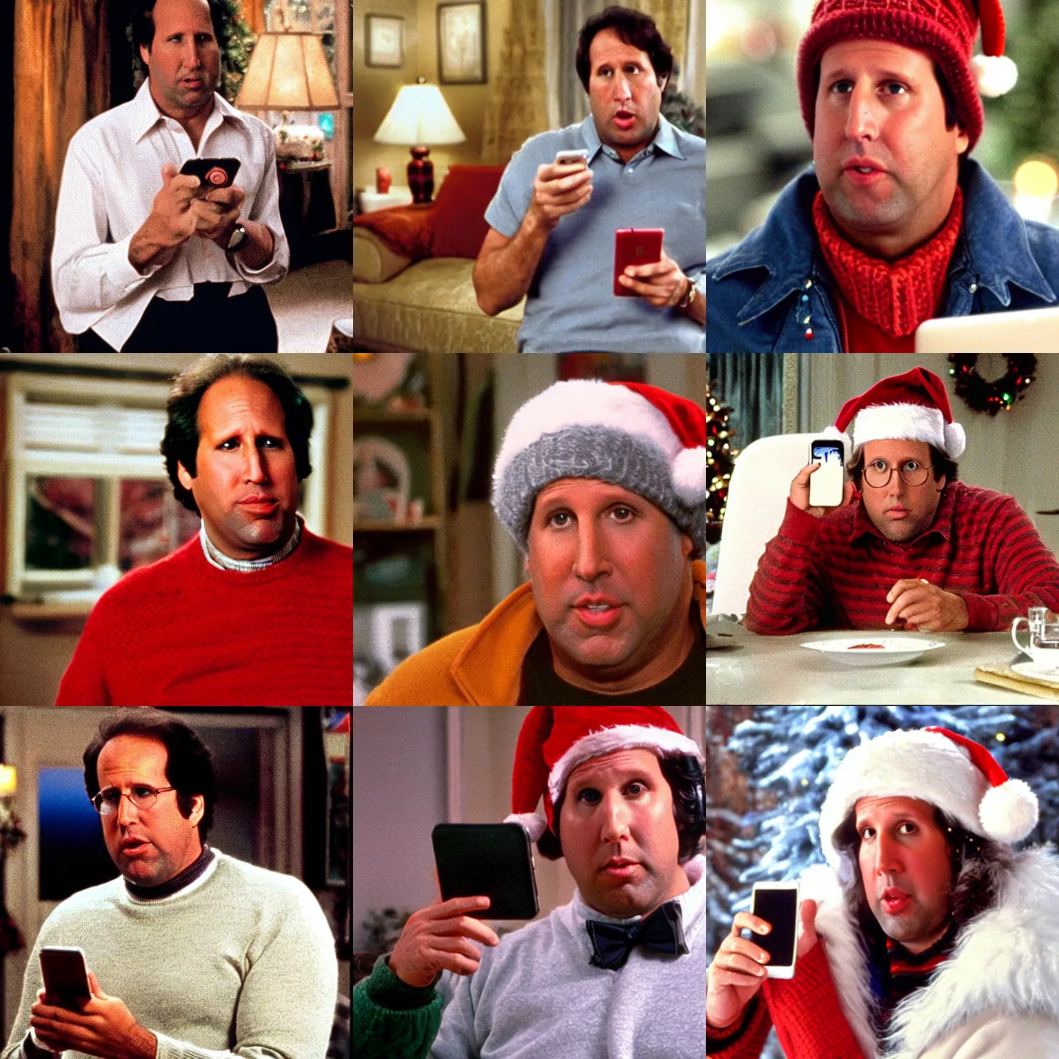 Prompt: chevy chase, staring into his iphone, still from national lampoon christmas vacation