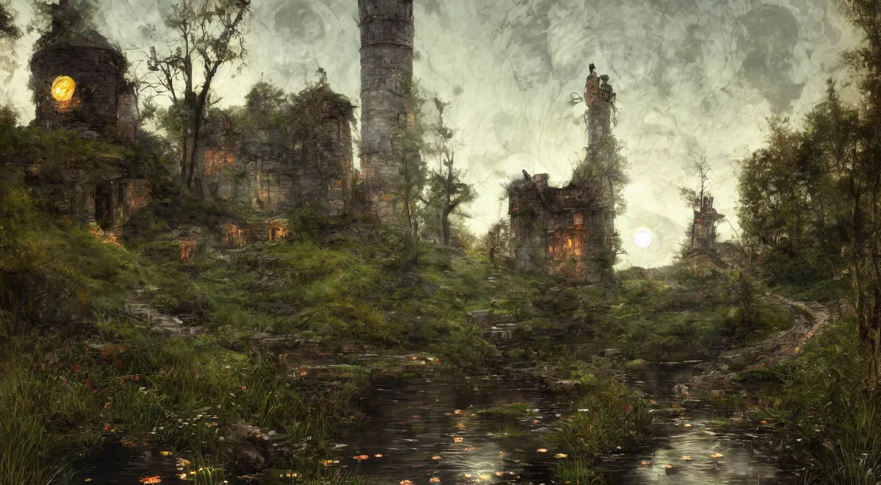 Image similar to cylindrical stone tower building, nighttime, dark, lit by the moon, woodland, steam emerging from culvert under path and flowing into pond, strong colours, vladimir motsar and tyler edlin and john william waterhouse and morgan weistling