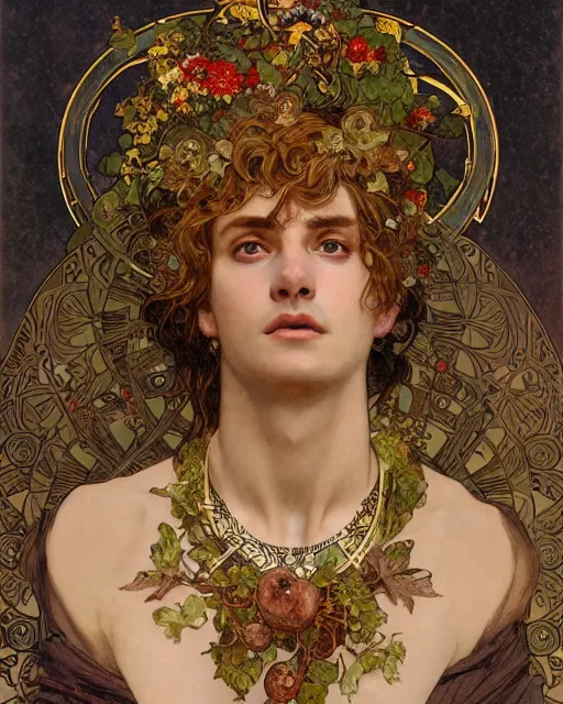 Image similar to a portrait of dionysus, realistic, beautiful, 8 k, by greg rutkowski, alphonse mucha, gustav klimt, ornate, very detailed, vines as jewelry, symmetry, sharp focus