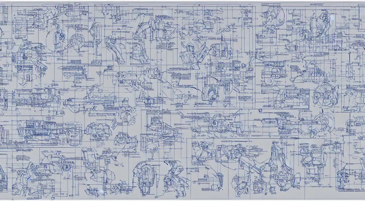 Image similar to Mobile Suit Gundam Blueprint, exploded diagrams