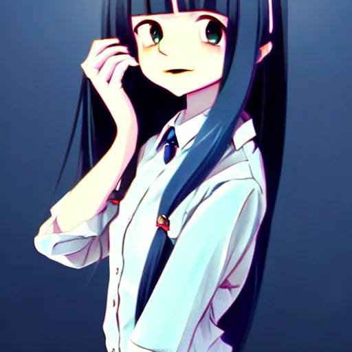 Image similar to urban school girl in shirt fanart, dark blue long hair, muted colors, matte print, pastel colors, ornate, digital art, cute smile, digital painting, fan art, elegant, pixiv, by Ilya Kuvshinov, by Studio Ghibli