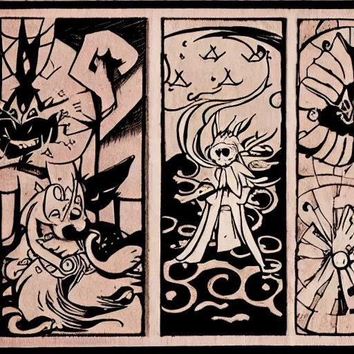 Image similar to Kyubey from Madoka Magica in the style of Japanese and European woodcuts