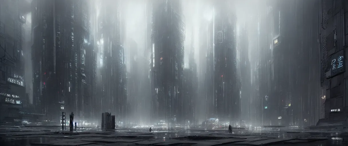 Image similar to dystopian cyberpunk world, with doors everywhere, grey sky, monochrome except doors, concept art, matte painting, high detail, buildings made of doors, large scale, digital painting, style of jordan grimmer, high res