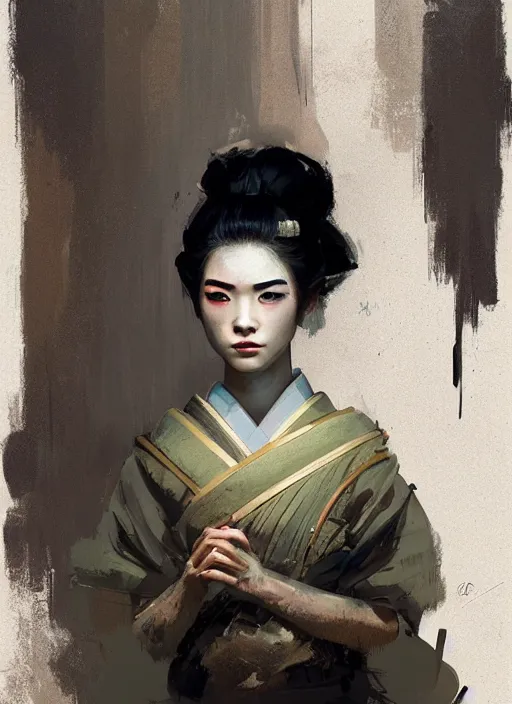 Image similar to female geisha girl, beautiful face, rule of thirds, intricate outfit, spotlight by greg rutkowski, by jeremy mann, digital painting