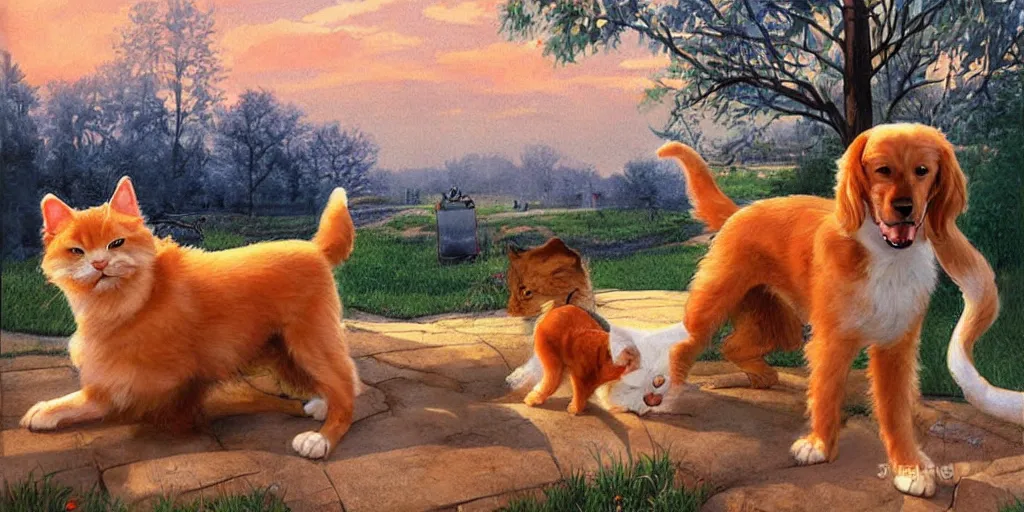 Prompt: dog and cat funny, volumetric lighting, spring early, nice slight overcast weather, realistic illustration, perfectly shaded, ( golden hour ), soft painting, low angle, art by sven nordqvist