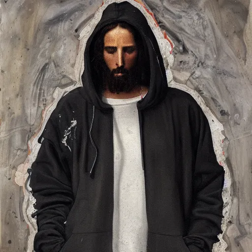 Image similar to a full body portrait of modern day jesus wearing yeezus streetwear hoodie and pants by nicola samori, oil painting, realistic, 8 k, adidas sneakers style