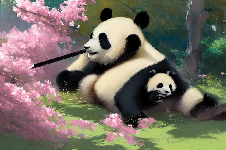 Image similar to panda chilling smoking weed, sakura trees, sakura season dynamic lighting, landscape, artwork by jeremy lipkin and giuseppe dangelico pino and michael garmash and rob rey and greg manchess and huang guangjian and makoto shinkai, pixiv, 1 0 0 mm