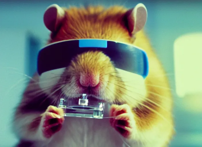 Image similar to film still of a hamster wearing goggles working in a research lab using a tiny microscope, 8 k